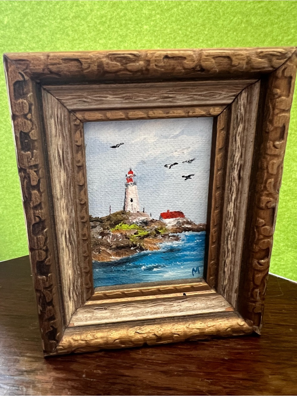 Framed Mini Lighthouse Seascape Oil Painting
